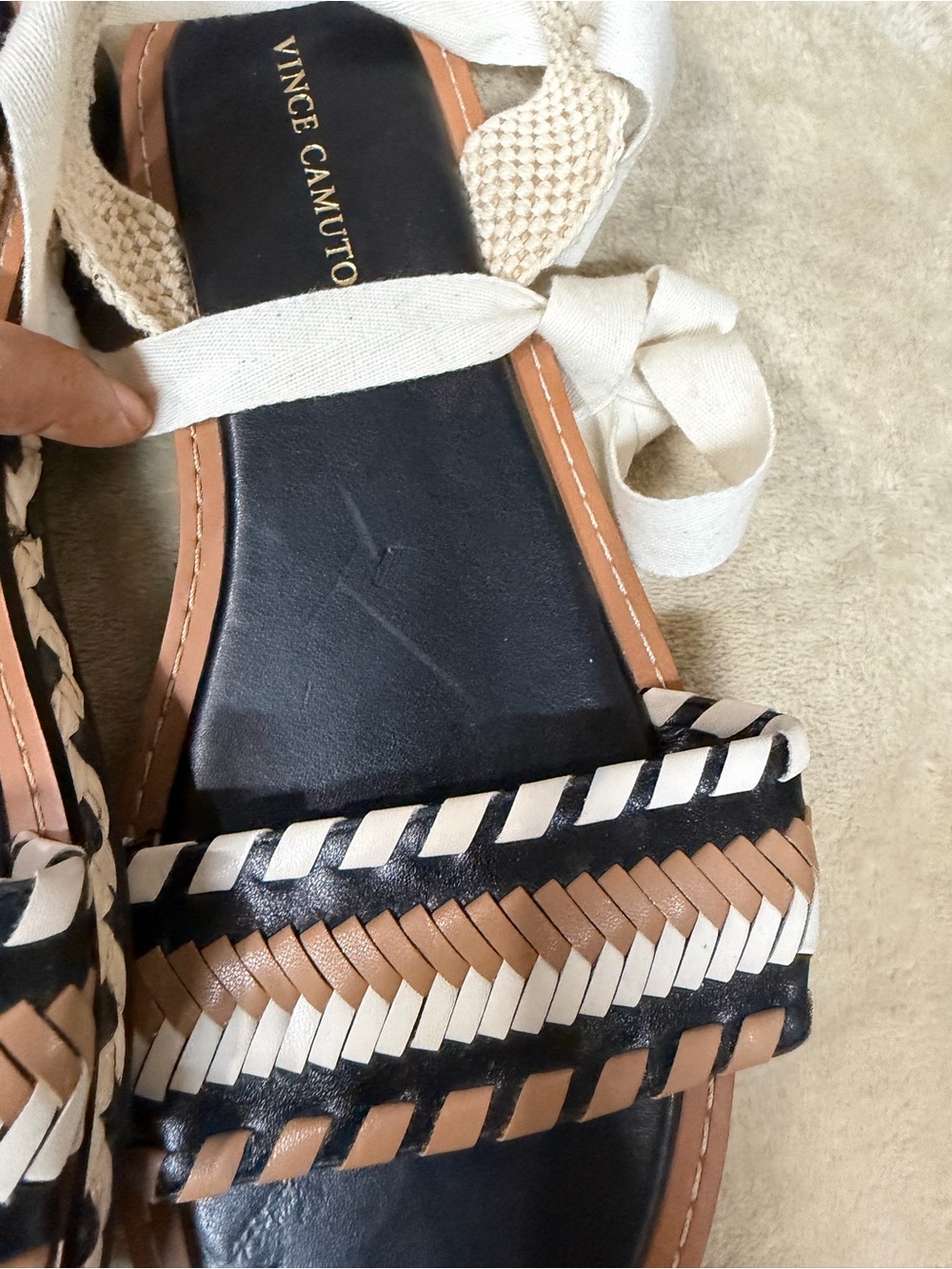 Vince Camuto Women's Black and Tan Braided Strap Sandals with Cream Ankle Ties - Picture 11 of 16